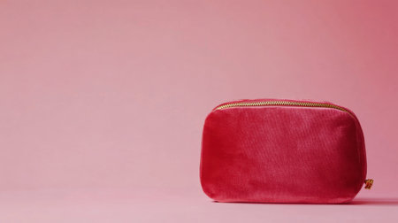A vibrant red velvet cosmetic bag rests against a soft pink background. This stylish accessory is perfect for beauty lovers, adding elegance to any makeup collection.の素材
