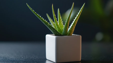A serene and vibrant aloe vera plant sits in a minimalist white square planter, creating a perfect indoor decoration for modern living spaces.の素材