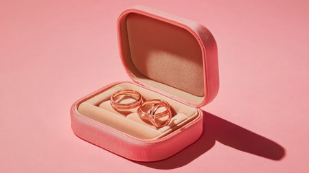 This image showcases a pair of elegant rose gold wedding rings beautifully presented in a soft pink jewelry box set against a minimalistic pink background.の素材