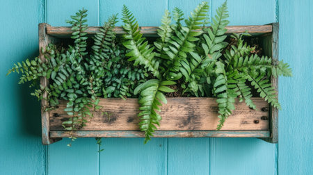 A beautifully styled rustic wooden planter filled with lush green ferns against a vibrant blue wall, creating a refreshing and tranquil indoor atmosphere.の素材
