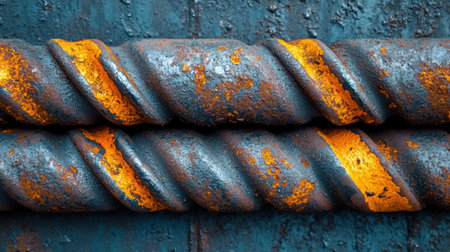 This image showcases a close-up view of twisted rusty metal, featuring vibrant orange and blue textures. The rough surface reveals a beautiful blend of colors and patterns, perfect for industrial-themed designs.の素材