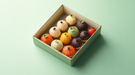 This inviting image features a beautifully arranged box filled with a variety of gourmet treats, showcasing colorful designs and flavors. Perfect for dessert lovers and special occasions.の素材