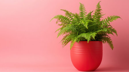 A lively green fern plant in a striking red pot set against a soft pink backdrop. Perfect for enhancing home decor and creating a refreshing atmosphere.の素材