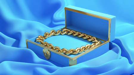 An elegant gold chain rests in an open blue jewelry box, set against a soft satin background, capturing luxury and style in a stunning display.の素材