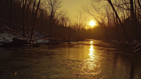 This captivating image captures a tranquil river at sunset, with the warm golden light reflecting off the still waters and silhouetted trees, evoking peace.の素材
