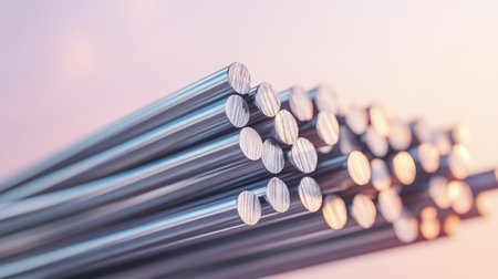 A striking close-up of shiny metal rods stacked together, highlighting their smooth texture and round shapes against a softly lit background.の素材