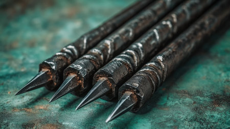 A close-up view of ancient decorative spears showcases intricate details, sharp tips, and a stunning textured green background for artistic appeal.の素材