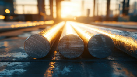 The image captures sunlight shining on steel rods arranged in an industrial setting. The warm glow highlights their metallic textures and surroundings.の素材