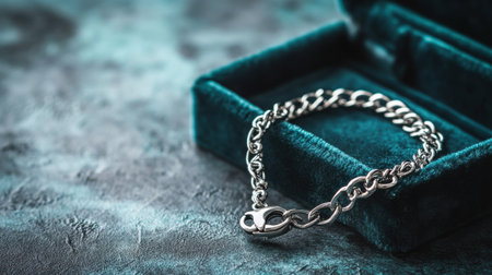 This image showcases an elegant silver chain bracelet resting inside a plush velvet jewelry box. The textured background adds depth to the luxurious presentation.の素材
