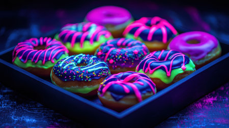 A vibrant display of colorful neon donuts arranged on a black plate, showcasing bright icing and playful sprinkles, ideal for food photography.の素材