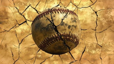 A captivating cracked baseball set against a golden, textured background, symbolizing wear from time and use, perfect for sports-themed projects or design.の素材