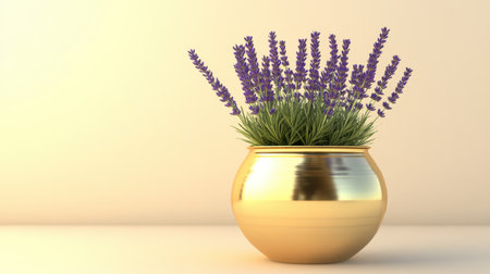 A stunning arrangement featuring a lavender plant in a shiny gold pot, perfect for enhancing any indoor space with a touch of elegance and nature.の素材