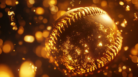 A captivating baseball depicted in a striking golden glow, surrounded by sparkling particles, creating an energetic and vibrant atmosphere. Ideal for sports-related content.の素材