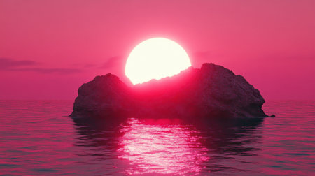A breathtaking sunset casts its warm pink hues over a rocky isle, creating a stunning visual reflection on the calm water. Perfect for nature lovers.の素材