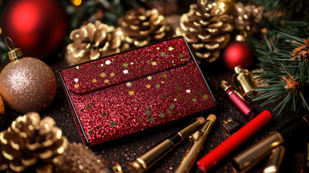 A vibrant red cosmetic bag adorned with glitter and stars, elegantly arranged with festive ornaments, pine cones, and beauty accessories, perfect for holiday celebrations.の素材