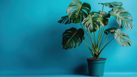 A vibrant monstera plant stands tall in a teal pot, showcasing its striking leaves against a blue backdrop, perfect for enhancing interior spaces.の素材