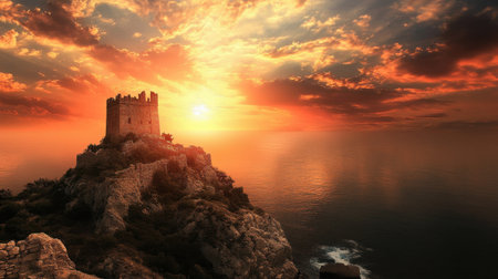 A stunning view of a majestic castle perched atop a rocky cliff, overlooking a serene ocean at sunset. The dramatic sky showcases vibrant colors, creating a picturesque scene perfect for travel and nature enthusiasts.の素材