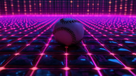 A captivating futuristic baseball rests on a neon grid, illuminated with vibrant purple and blue lights, creating a dynamic and energetic atmosphere.の素材
