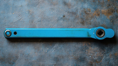 A blue metal wrench rests on a textured surface, showcasing its industrial design. This tool represents versatility and functionality in repair and maintenance tasks.の素材