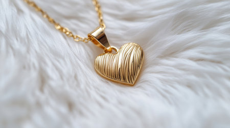 An elegant gold heart pendant necklace rests beautifully on a soft white fur background, showcasing its intricate design and luxurious appeal. Perfect for fashion lovers and gift ideas.の素材