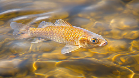 A stunning close-up of a golden fish swimming in clear shallow water. The image captures the intricate details of the fish's scales and movements among smooth pebbles, reflecting the beauty of aquatic life.の素材