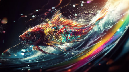 A stunning artwork depicting a vibrant koi fish gracefully swimming through dynamic waves, illuminated by sparkling light effects and vivid colors.の素材