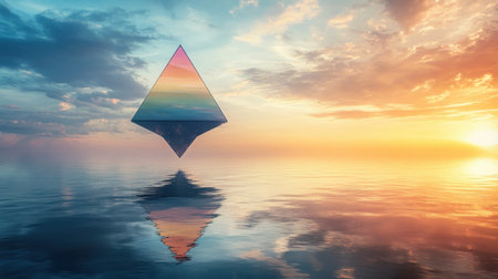 This captivating image showcases a surreal floating pyramid above a tranquil ocean at sunset, displaying vibrant colors and stunning reflections.の素材