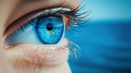 A stunning close-up of a vibrant blue eye reflecting ocean waves and bright sky, creating a dreamlike atmosphere emphasizing natural beauty and tranquility.の素材