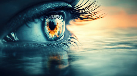 A stunning close-up image of an eye reflecting shimmering water and a colorful sunset, showcasing exquisite detail in the iris and eyelashes.の素材