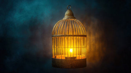 This striking image features a vintage birdcage lantern casting a warm glow in a dark atmosphere, creating a moody and artistic ambiance perfect for any design project.の素材