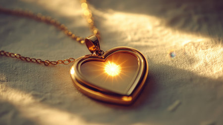 A captivating golden heart pendant reflects sunlight, creating a warm glow against a soft fabric background. Ideal for jewelry enthusiasts and romantic themes.の素材