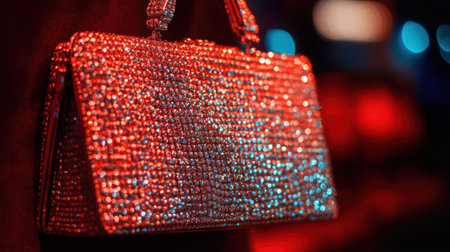 Close-up view of a stunning red handbag adorned with sparkling rhinestones. The soft lighting enhances the luxurious texture, making it an ideal accessory for upscale events.の素材