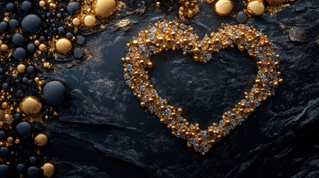 This captivating image features a heart shape crafted from gold and gems, resting on a dark textured surface, perfect for romantic or elegant themes.の素材