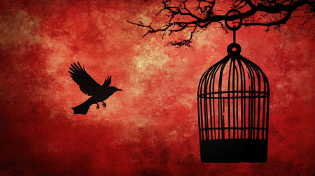 A striking image featuring a silhouette of a bird in flight escaping from a cage against a vibrant red background, symbolizing freedom and hope.の素材