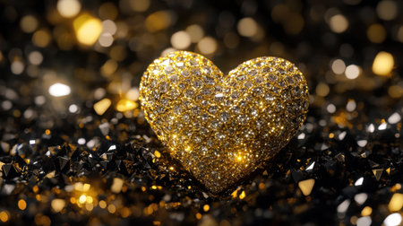A stunning golden heart covered in sparkling gems glimmers against a rich black background. Ideal for themes of love, celebration, and luxury.の素材