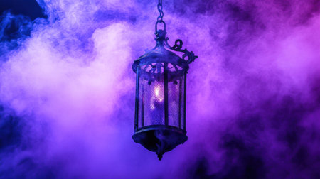 A vintage lantern suspended in a dark space emits a warm glow, surrounded by colorful purple smoke, creating a mysterious and atmospheric scene.の素材
