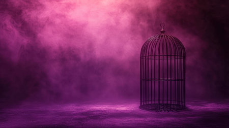This captivating image features a dark cage enveloped in mystical purple fog, creating an enchanting atmosphere that evokes feelings of isolation and mystery.の素材