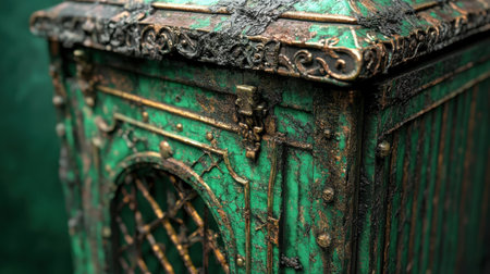 Captivating close-up of an ornate vintage lantern featuring a rich green patina and intricate design details, perfect for home decor inspiration.の素材