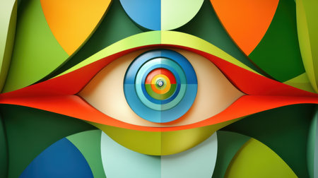 This abstract artwork features a colorful eye design created with layered paper elements and vibrant hues, ideal for modern decor and creative projects.の素材