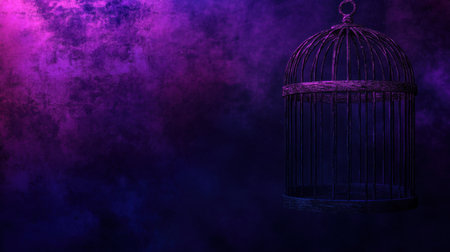 A captivating abstract image featuring a vintage birdcage suspended in a mystical atmosphere of rich purple and blue lighting. Ideal for artistic projects.の素材