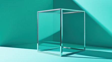 A striking modern geometric clear box displayed against a vibrant turquoise background, showcasing reflections and shadows. Ideal for artistic and creative design projects.の素材