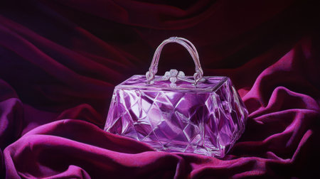A stunning purple glass handbag rests gracefully on a rich fabric surface, illuminated by dramatic lighting, showcasing intricate textures and elegance.の素材