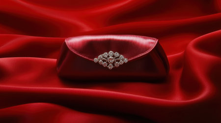 This captivating image showcases an elegant red satin clutch purse with a stunning silver embellishment, set against a backdrop of luxurious red fabric. Perfect for fashion advertising.の素材