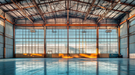 This spacious industrial warehouse features large windows that allow natural light to fill the interior, highlighting the clean floor and metal structure.の素材