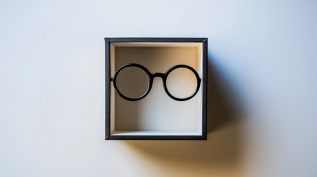 A close-up view of stylish round black glasses elegantly displayed in a sleek black box against a minimalist background, creating a trendy aesthetic.の素材