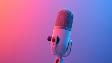 A close-up image of a vintage-style microphone set against a vibrant gradient background of pink and blue, ideal for music and audio-related projects.の素材