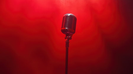 A vintage microphone on a stand dominates the scene against a rich red background, creating a passionate atmosphere perfect for performances and music events.の素材