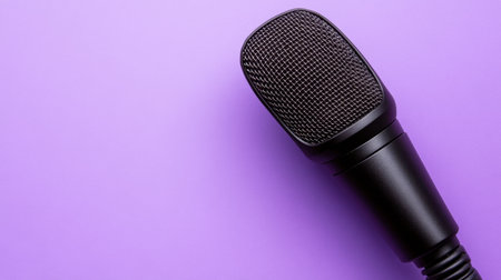 A sleek black microphone lies against a bright purple background, ideal for audio recordings, public speaking events, or creative projects needing vivid color.の素材