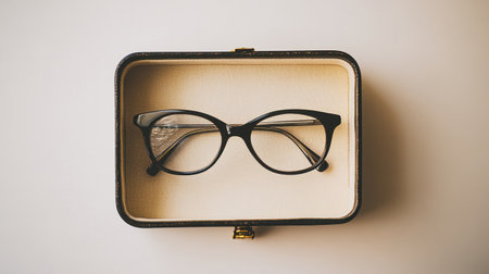 This image features elegant black glasses resting inside a vintage case on a soft beige background, perfect for showcasing fashion and lifestyle themes.の素材