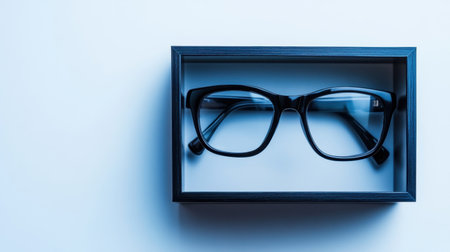 A stylish pair of eyeglasses is elegantly displayed in a minimalist black frame on a light background. The modern design invites attention.の素材